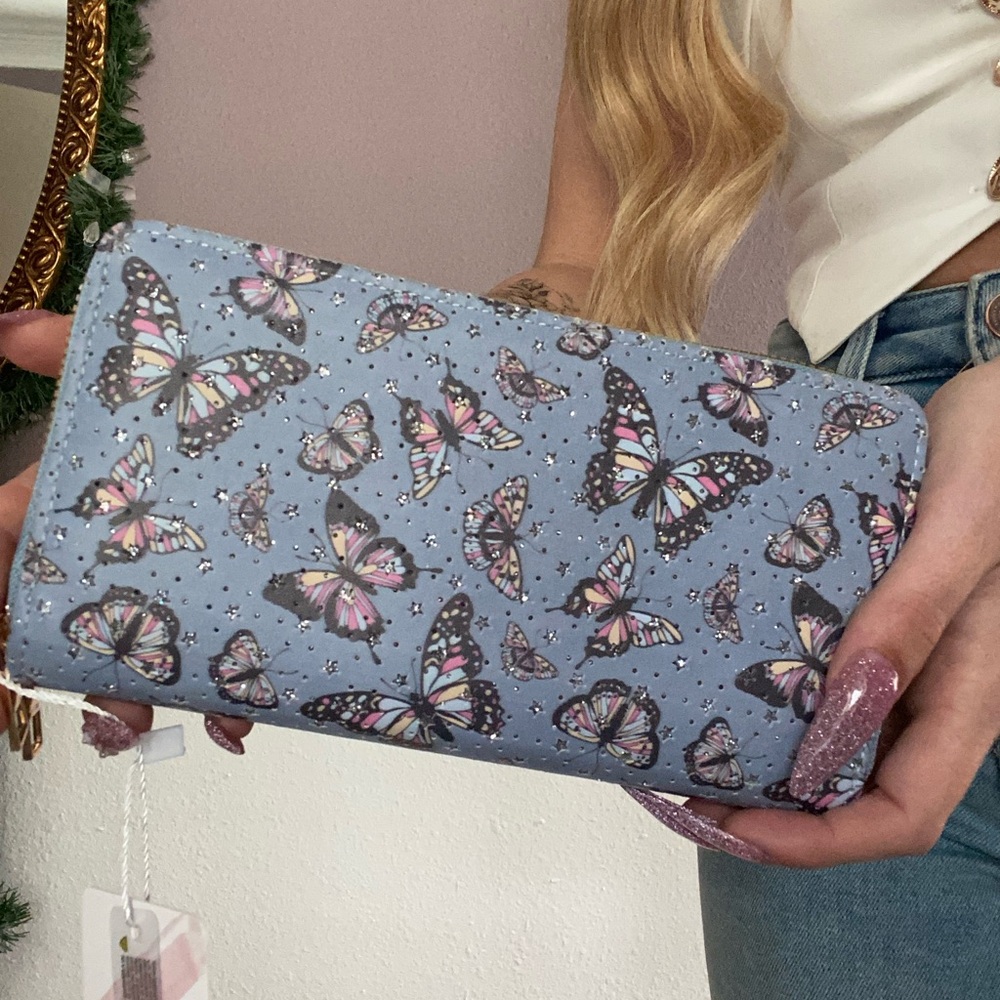 Butterfly Print Blue Double Zipper Wallet